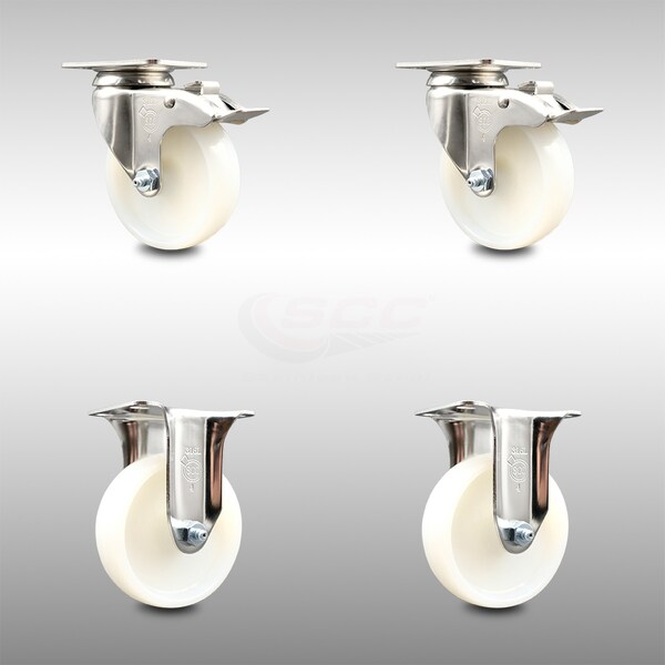 4 Inch 316SS Nylon Wheel Swivel Top Plate Caster Lock Brake 2 Rigid SCC, 2PK